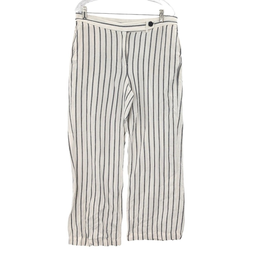 J Jill Linen Blend Wide Leg Pants 12 White Gray Stripe Tab Front Pockets